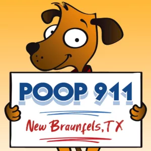 POOP 911 New Braunfels Dog Poop Clean Up yard sign being held by a happy brown dog.