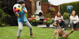 Boy and dog playing in yard serviced by Nature Coast Dog Poop Clean Up POOP 911