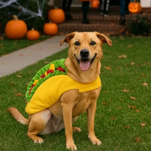 A happy Labrador Retriever mix dressed as a taco, complete with lettuce, cheese, and tomato toppings, sitting proudly on the lawn like the ultimate “pupreme” Halloween snack.