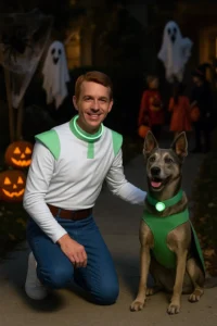 Matching George Jetson and Astro Halloween costumes for pet parents and their dogs.