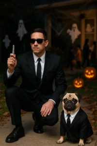 Matching Men In Black Agents Halloween costumes for pet parents and their dogs.